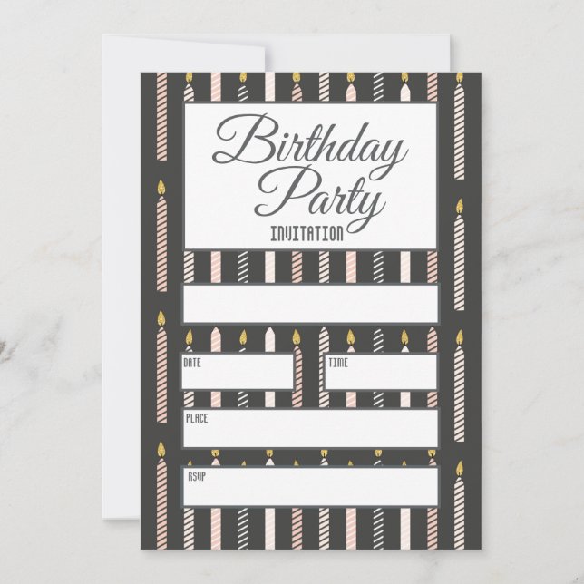 Invitación a las velas de cumpleaños gris y rosas (Anverso)