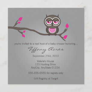 Invitación a lechuza gris, rosa y marrón
