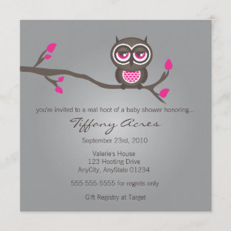 Invitación a lechuza gris, rosa y marrón