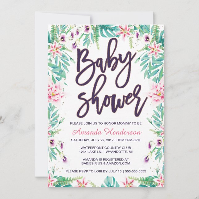 Invitación a Lily Baby Shower | Baby Shower floral (Anverso)
