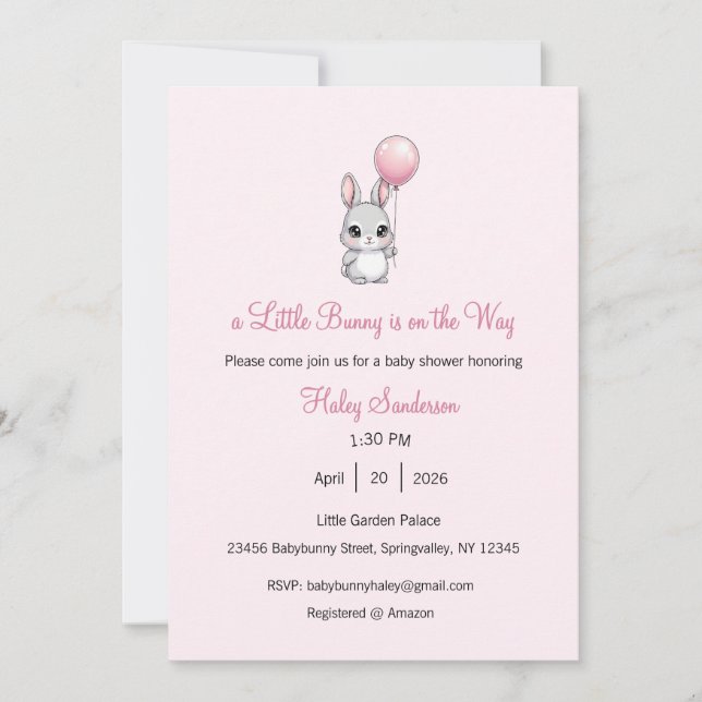 Invitación A Little Bunny is on the Way Invitation, Baby  (Anverso)