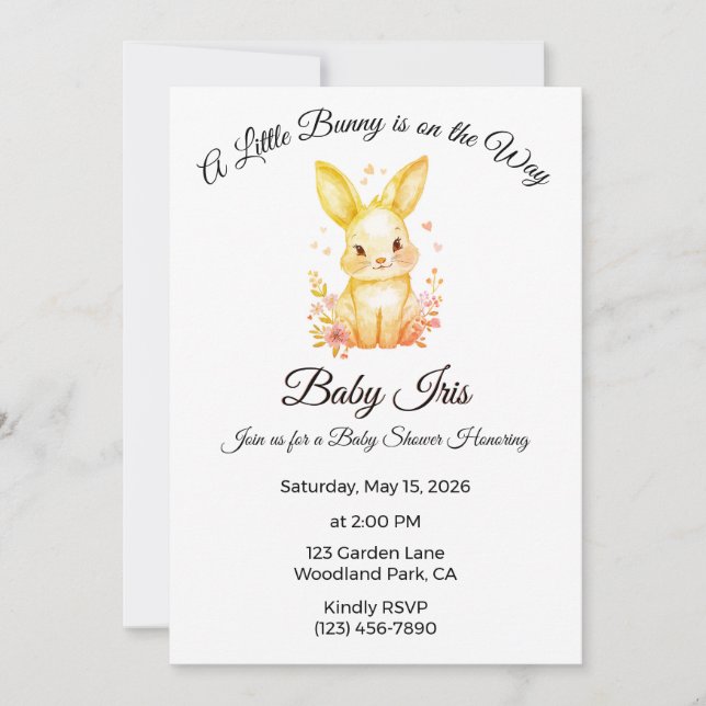 Invitación A Little Bunny is on the Way Yellow Neutral Shower (Anverso)