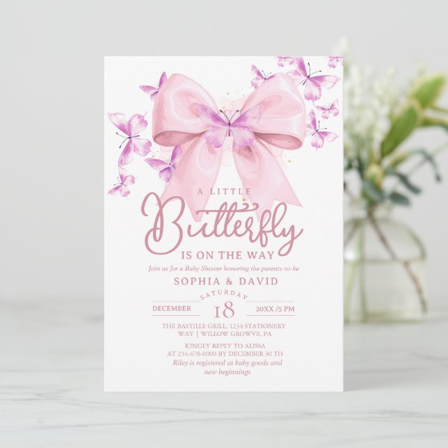 Invitación  A Little Butterfly Bow Baby Shower  (Anverso de pie)