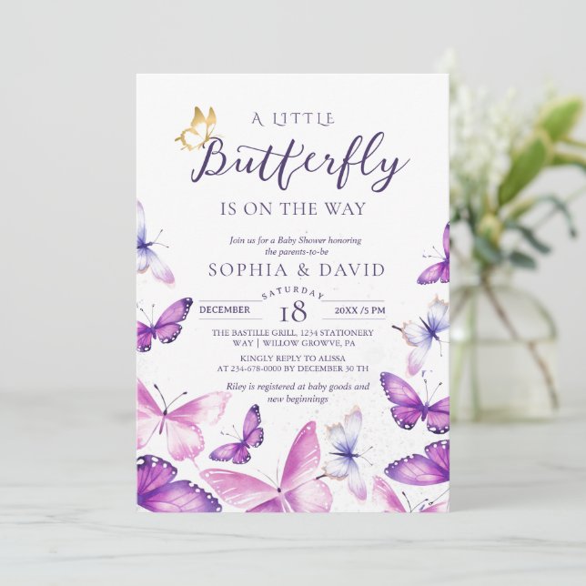 Invitación A Little Butterfly Gold & Purple Baby Shower  (Anverso de pie)