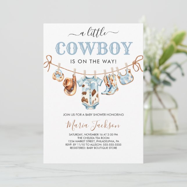 Invitación A Little Cowboy Wild West Blue Cowboy Baby Shower (Anverso de pie)