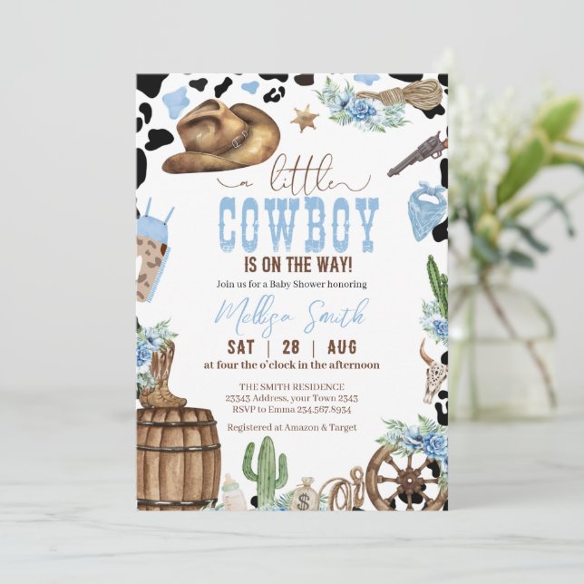Invitación A Little Cowboy Wild Western Boy Blue Baby Shower (Anverso de pie)