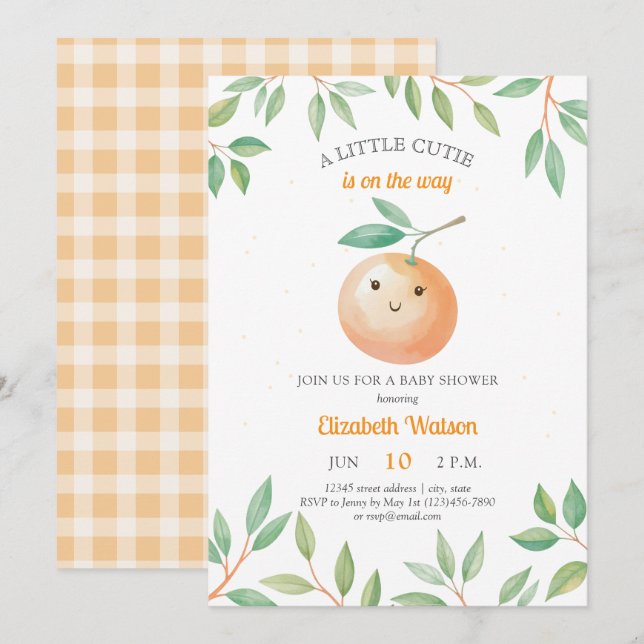 Invitación A Little Cutie Orange Gingham Citrus Baby Shower (Anverso / Reverso)