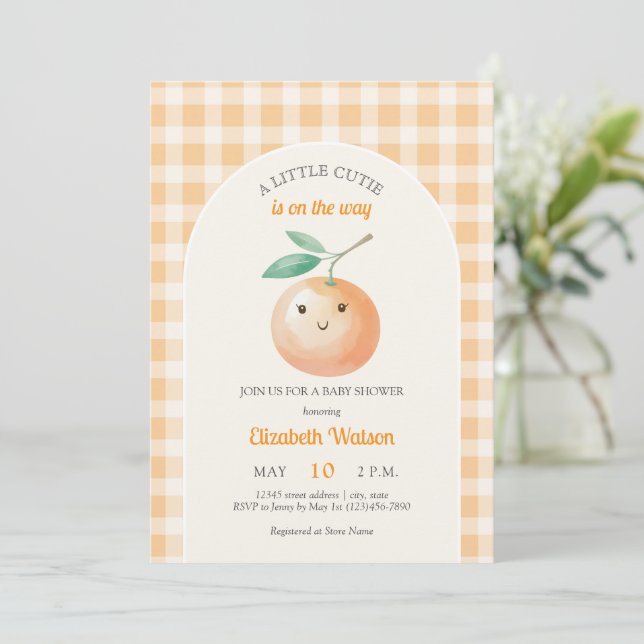 Invitación A Little Cutie Orange Gingham Citrus Baby Shower (Anverso de pie)