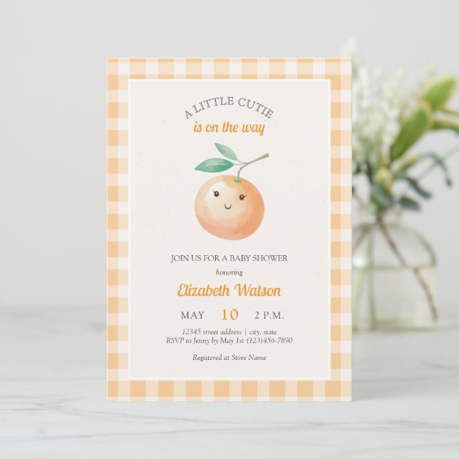 Invitación A Little Cutie Orange Gingham Citrus Baby Shower (Anverso de pie)