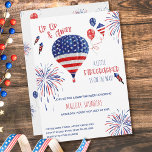 Invitación A Little Firecracker Up Up and Away Baby Shower<br><div class="desc">Up Up and Away a little firecracker is on the way! Fourth of July themed birthday invitation with hot air balloon, kite, balloons and fireworks in a patriotic color palette of red white and blue. Gender neutral, in red white and blue, for a little boy or little girl baby shower...</div>