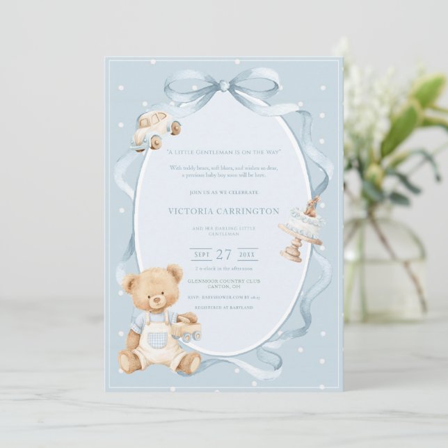 Invitación A Little Gentleman Blue Boy Bear Baby  (Anverso de pie)