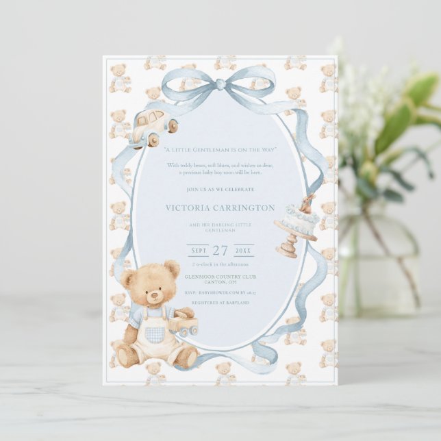 Invitación A Little Gentleman Blue Boy Bear Baby  (Anverso de pie)