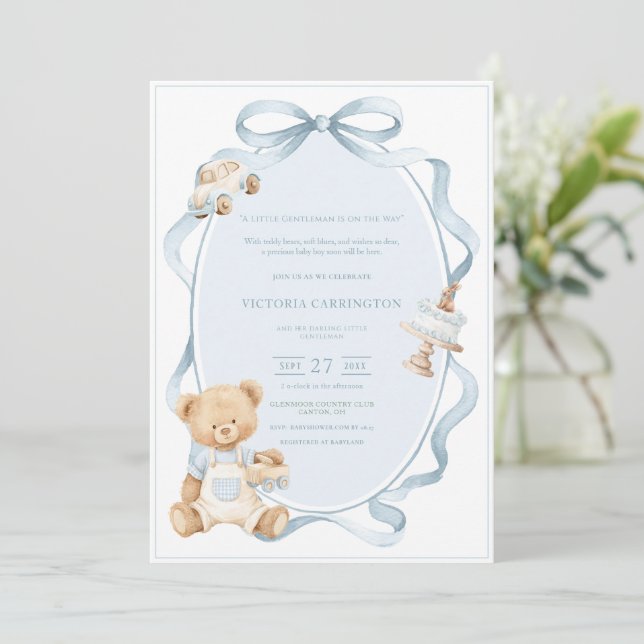 Invitación A Little Gentleman Blue Boy Bear Baby  (Anverso de pie)