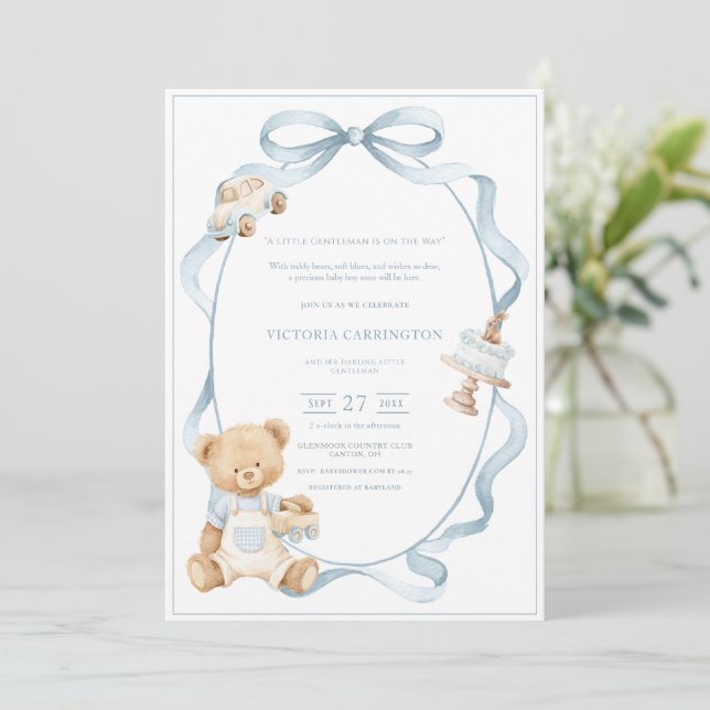 Invitación A Little Gentleman Blue Boy Bear Baby  (Anverso de pie)