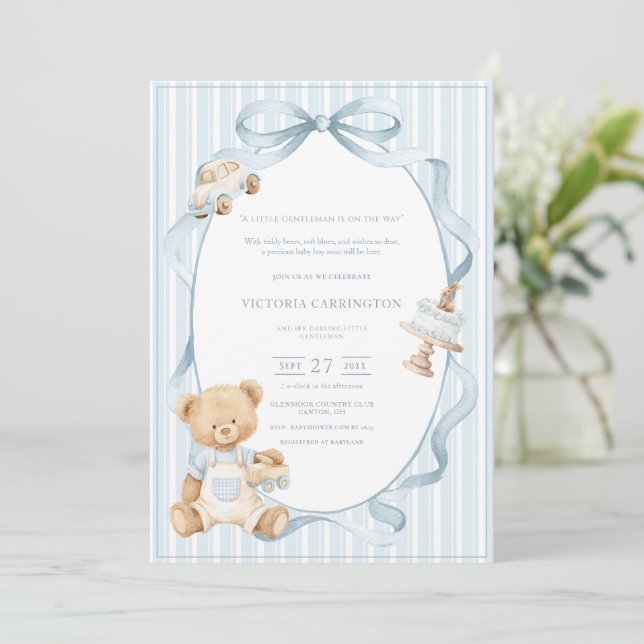 Invitación A Little Gentleman Blue Boy Bear Stripe Baby  (Anverso de pie)