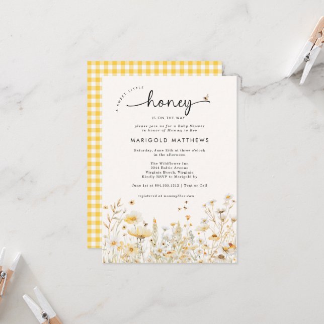Invitación A Little Honey Bee Wildflower Baby Shower  (Anverso/Reverso In Situ)