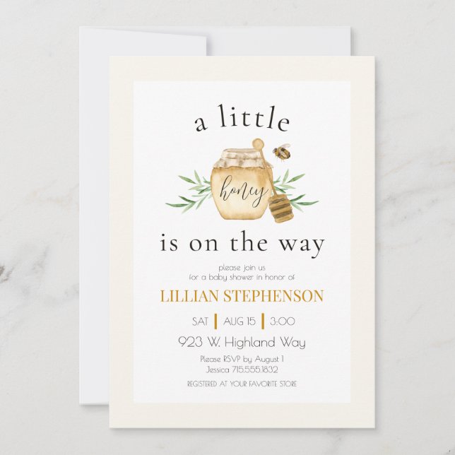 Invitación A Little Honey Is On The Way Bee Baby Shower  (Anverso)