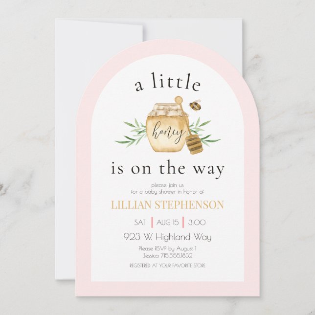 Invitación A Little Honey Is On The Way Pink Bee Baby Shower (Anverso)