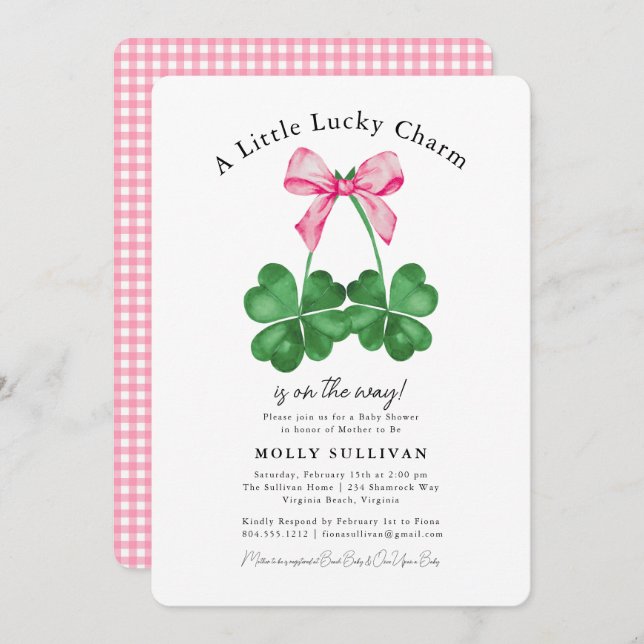 Invitación A Little Lucky Charm Shamrock Coquette Bow  (Anverso / Reverso)