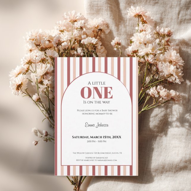 Invitación A Little One • Blush Pink Baby Shower (A little one baby shower invitation with blush pink and red stripes)
