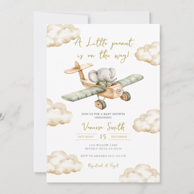 Invitación A Little Peanut is on the Way Elephant Baby Shower (Anverso)