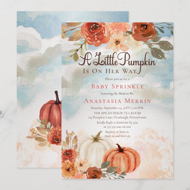 Invitación A Little Pumpkin | Fall Floral Girl Baby Sprinkle (Anverso / Reverso)