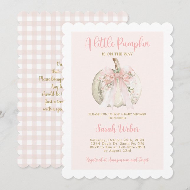 Invitación A little pumpkin gingham fall baby shower girl (Anverso / Reverso)