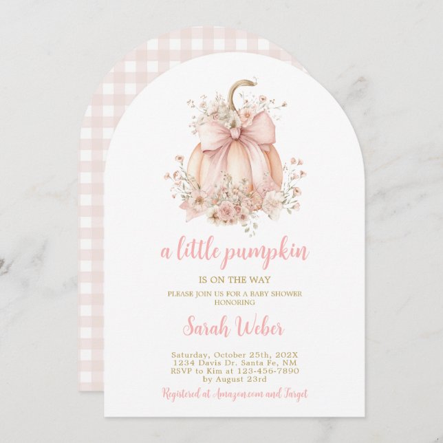 Invitación A little pumpkin gingham fall baby shower girl (Anverso / Reverso)