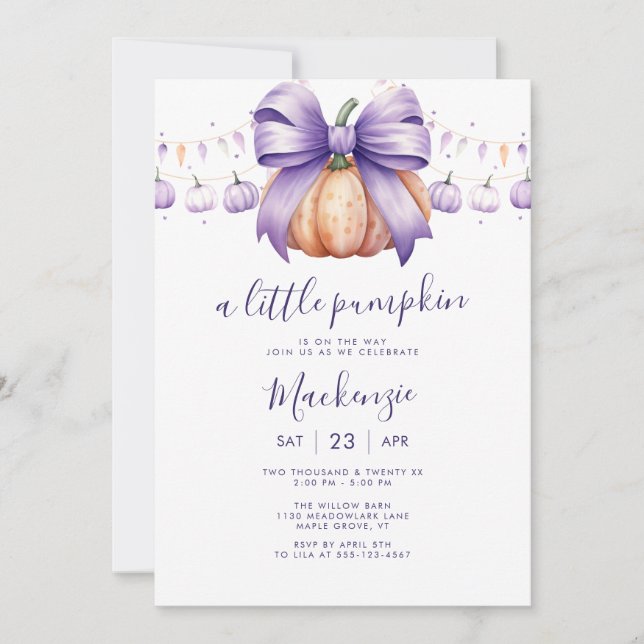 Invitación A Little Pumpkin Purple Baby Shower (Anverso)