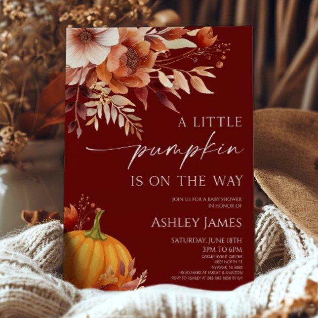 Invitación A Little Pumpkin Rusty Burgundy Floral Baby Shower (Subido por el creador)