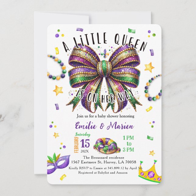 Invitación A little Queen is on her way Mardi Gras Invitation (Anverso)