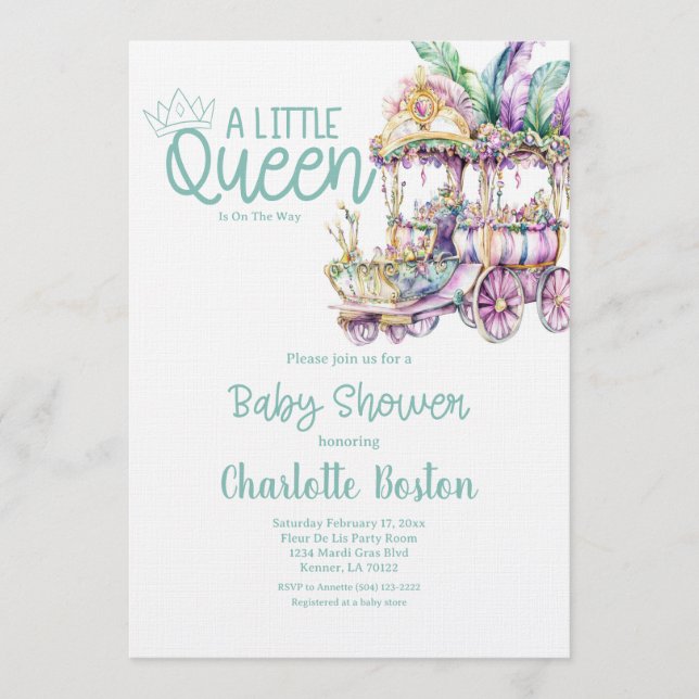 Invitación A Little Queen Mardi Gras Float Baby Shower (Anverso)
