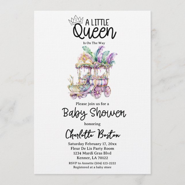 Invitación A Little Queen Mardi Gras Float Baby Shower (Anverso)