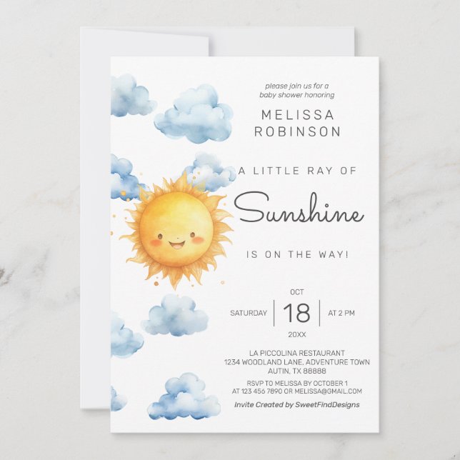 Invitación A Little Ray of Sunshine is on the way Baby Shower (Anverso)