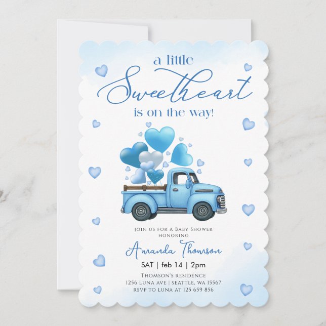 Invitación A little Sweetheart blue Truck Baby Shower (Anverso)