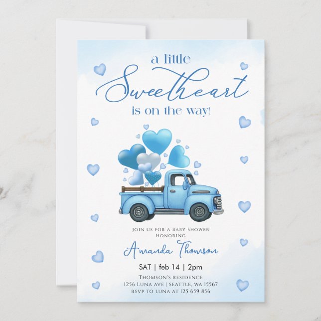 Invitación A little Sweetheart blue Truck Baby Shower (Anverso)