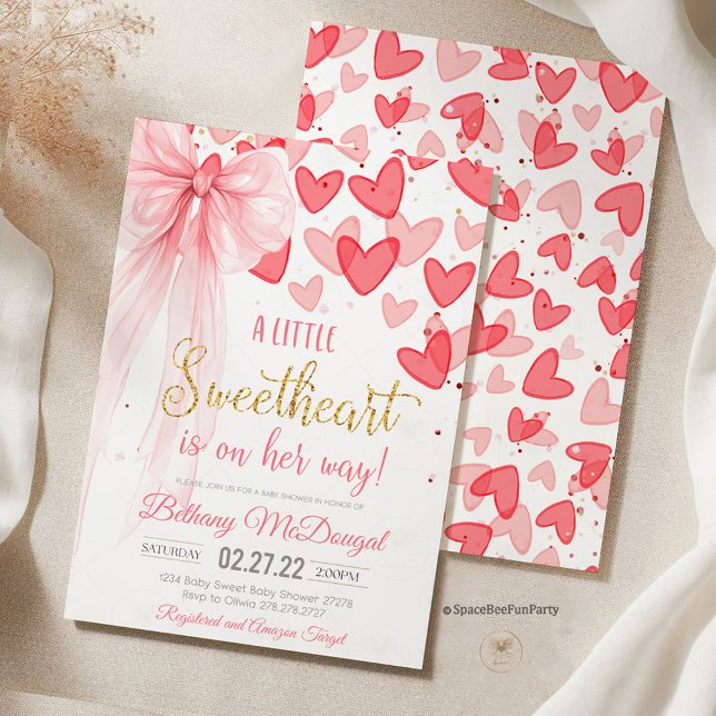Invitación A Little Sweetheart Valentine Baby Is on her way  (sweetheart baby shower bow, valentine's  day ,baby shower invitation, birthday, valentine's party, h)