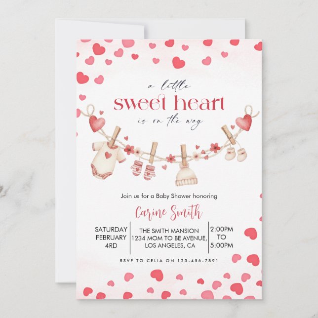 Invitación A  Little Sweetheart valentine's Baby Shower   (Anverso)