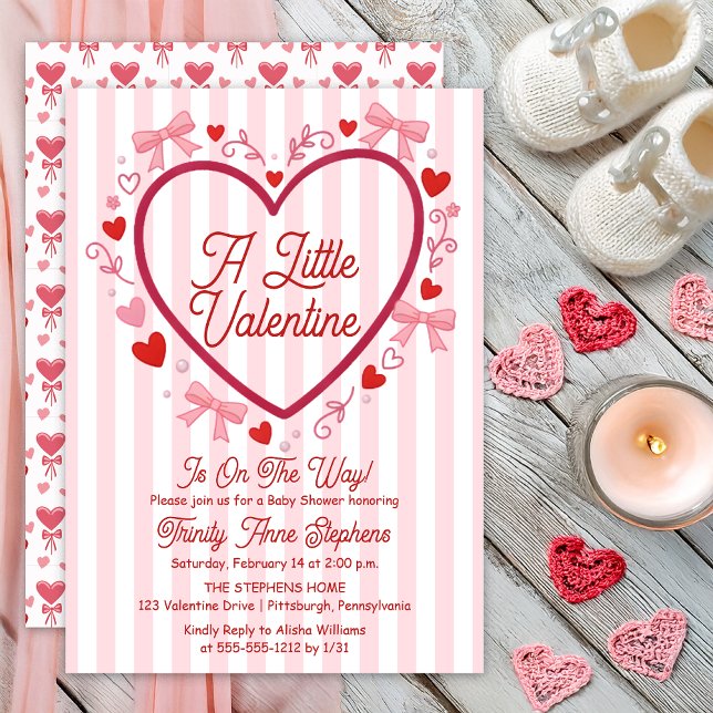 Invitación A Little Valentine Coquette Girl Baby Shower (A Little Valentine Is On the Way! Pink and Red Stripes | Heart Coquette Girl Baby Shower Print Digi)