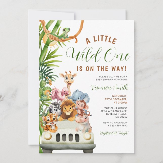 Invitación A Little Wild One Baby Shower Forest Animals Truck (Anverso)