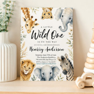 Invitación A Little Wild One Baby Shower Safari Animals