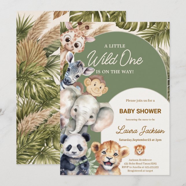 Invitación A Little Wild One Safari Baby Animals Baby shower (Anverso / Reverso)