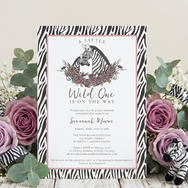 Invitación A Little Wild One Soft Gothic Zebra Baby Shower (Cute Safari A Little Wild One Is On the Way Soft Gothic Zebra Baby Shower Invitations for Mom to Be)