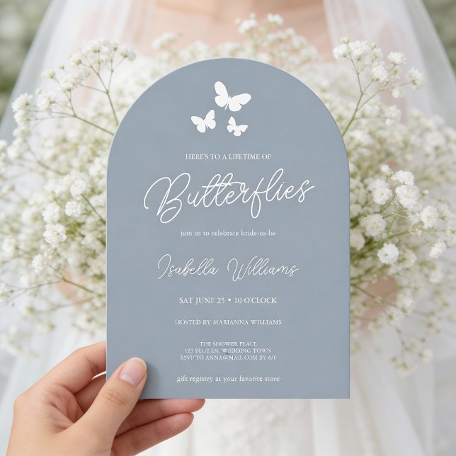 Invitación A lo largo de la vida de Butterflies Bridal Shower (The invitation is shown in a 5x7 inch arch-shaped.. Personalize it for a memorable bridal shower.)