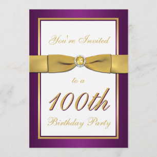 Invitación a los 100 años morado, dorado y blanco
