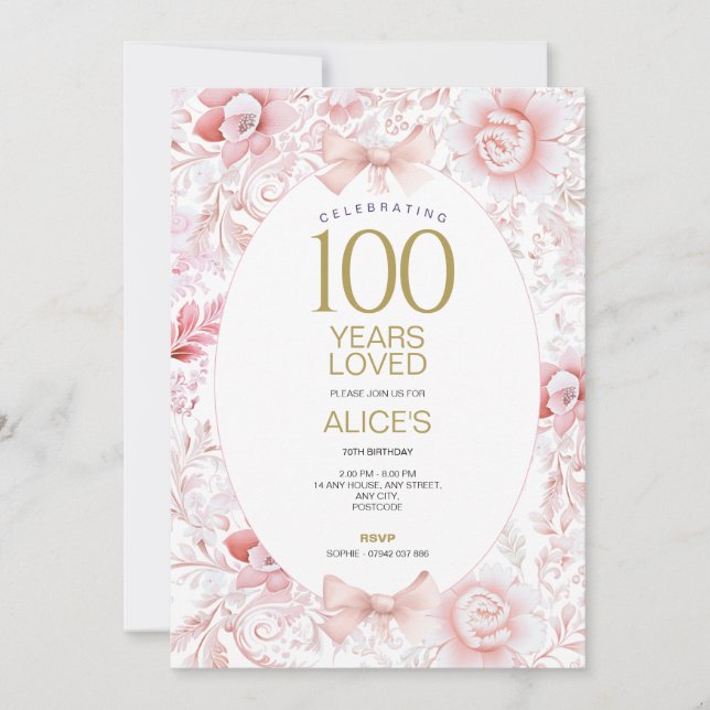 Invitación a los 100 años Mujeres Hilo Floral Rosa (Anverso)