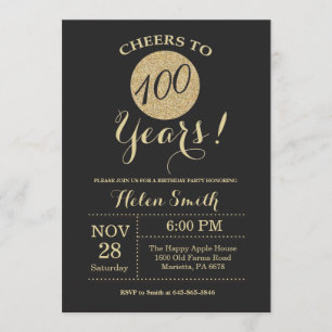 Invitación a los 100 años Purpurina negro y oro