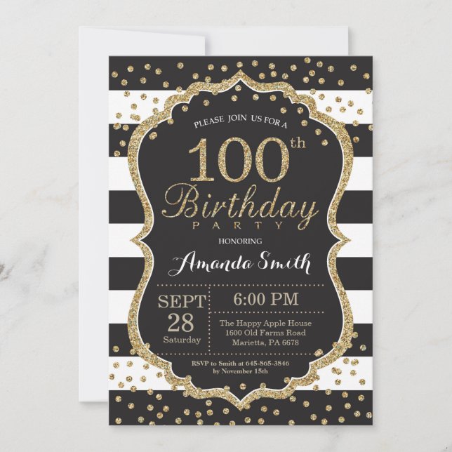 Invitación a los 100 años. Purpurina negro y oro (Anverso)