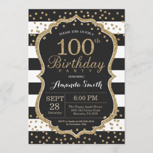 Invitación a los 100 años. Purpurina negro y oro