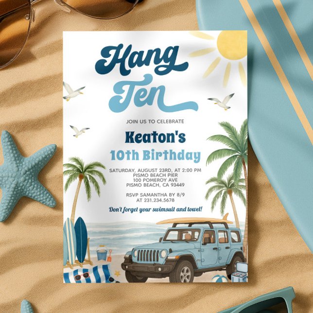 Invitación a los 10 años de Surfing - Colgar Ten (Surfing 10th Birthday Invitation - Hang Ten)